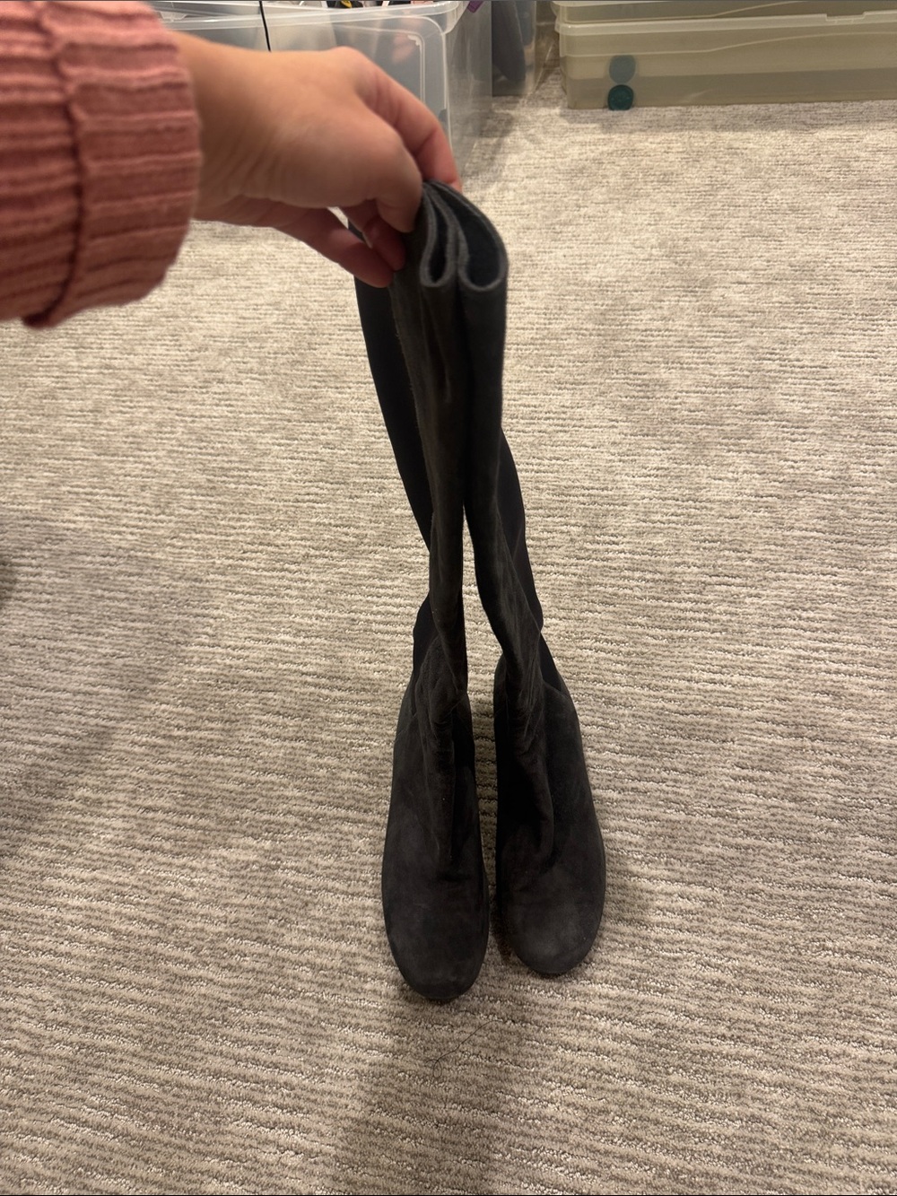 Stuart Weitzman Charcoal Suede Stretch Back Wedge Knee Boots Size 9.5